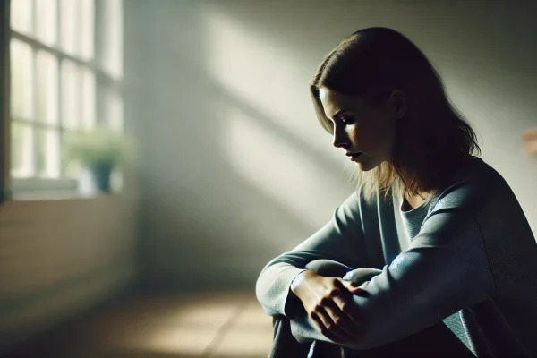 a sad woman sitting alone indoors. She is looking down with a somber expression, her face partially illuminated by soft, natural light coming through a window.