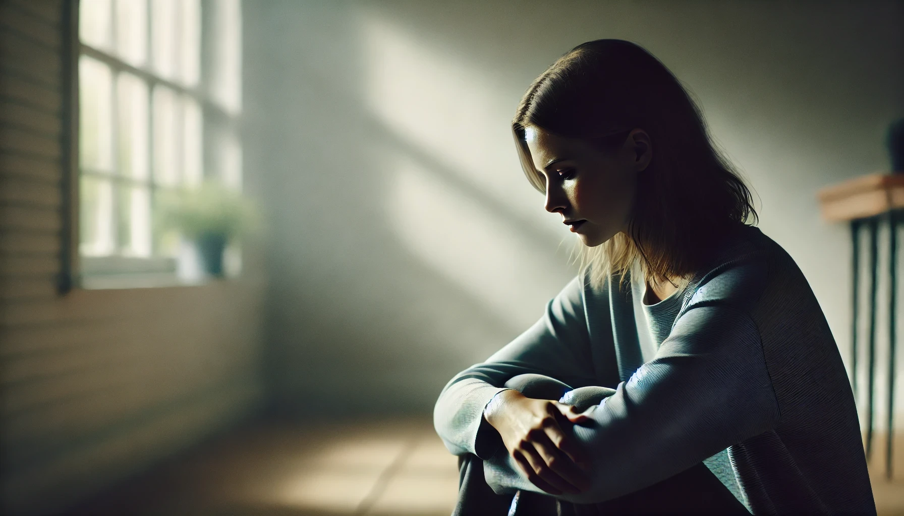 a sad woman sitting alone indoors. She is looking down with a somber expression, her face partially illuminated by soft, natural light coming through a window.