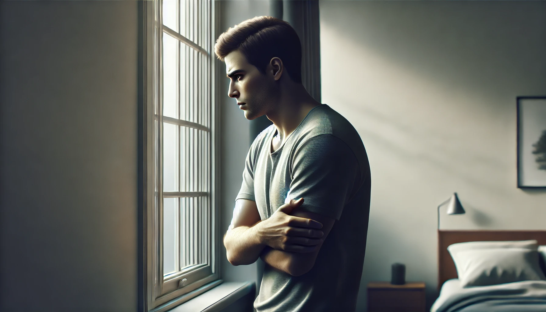 an anxious man standing near a window, looking out with a worried expression. His arms are crossed tightly, and his body language shows tension.