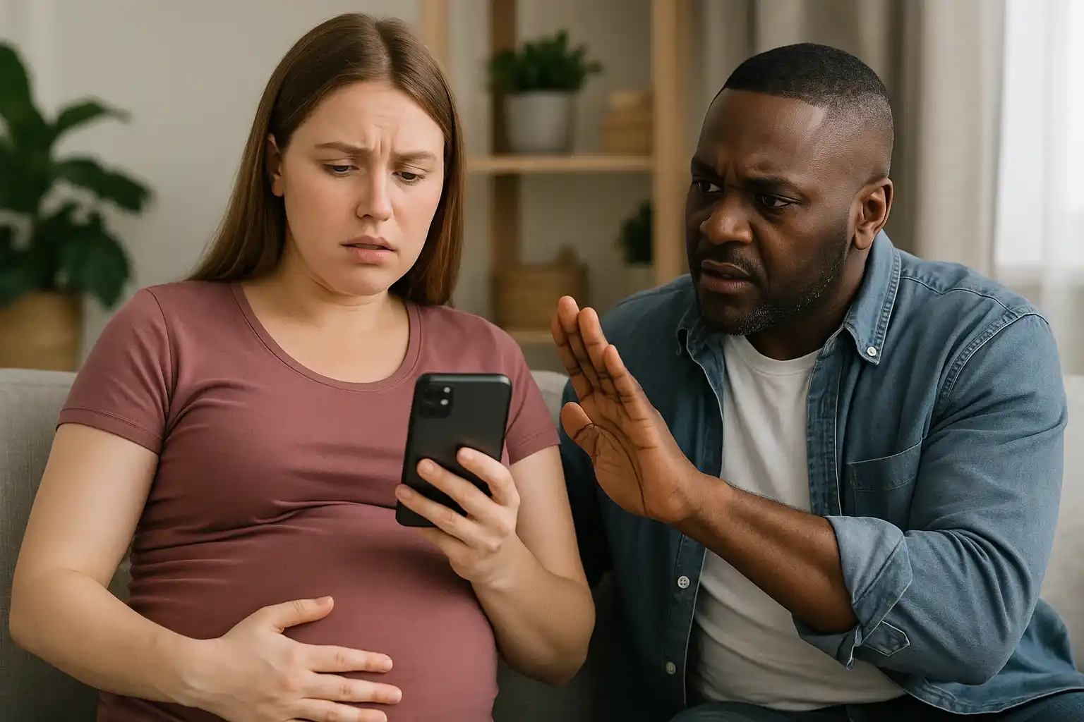 A worried couple discusses phone use during pregnancy, highlighting the myths and misinformation surrounding everyday technology.