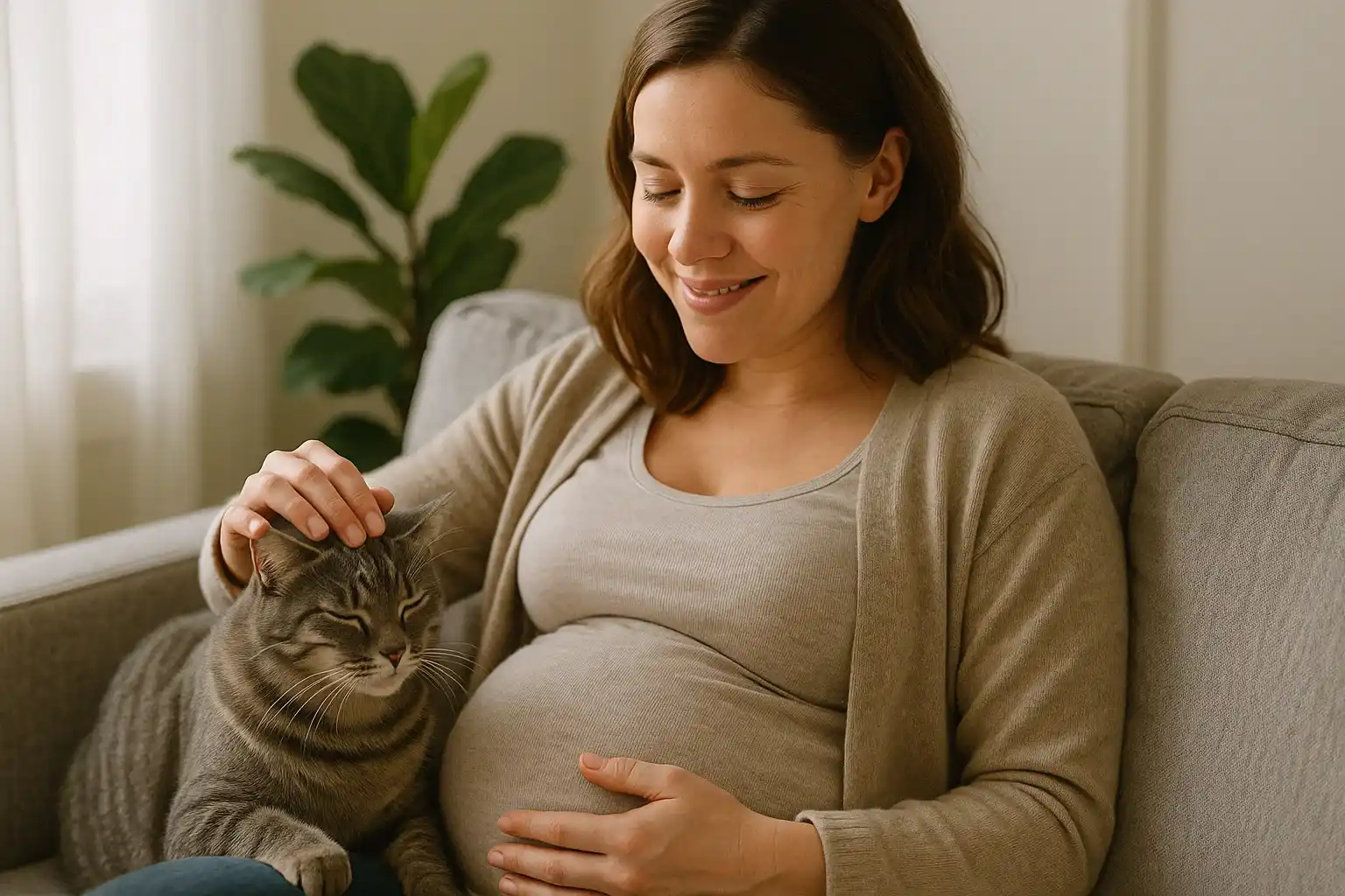 A pregnant woman smiles peacefully while stroking her cat, proving that calm companionship is far from dangerous during pregnancy.