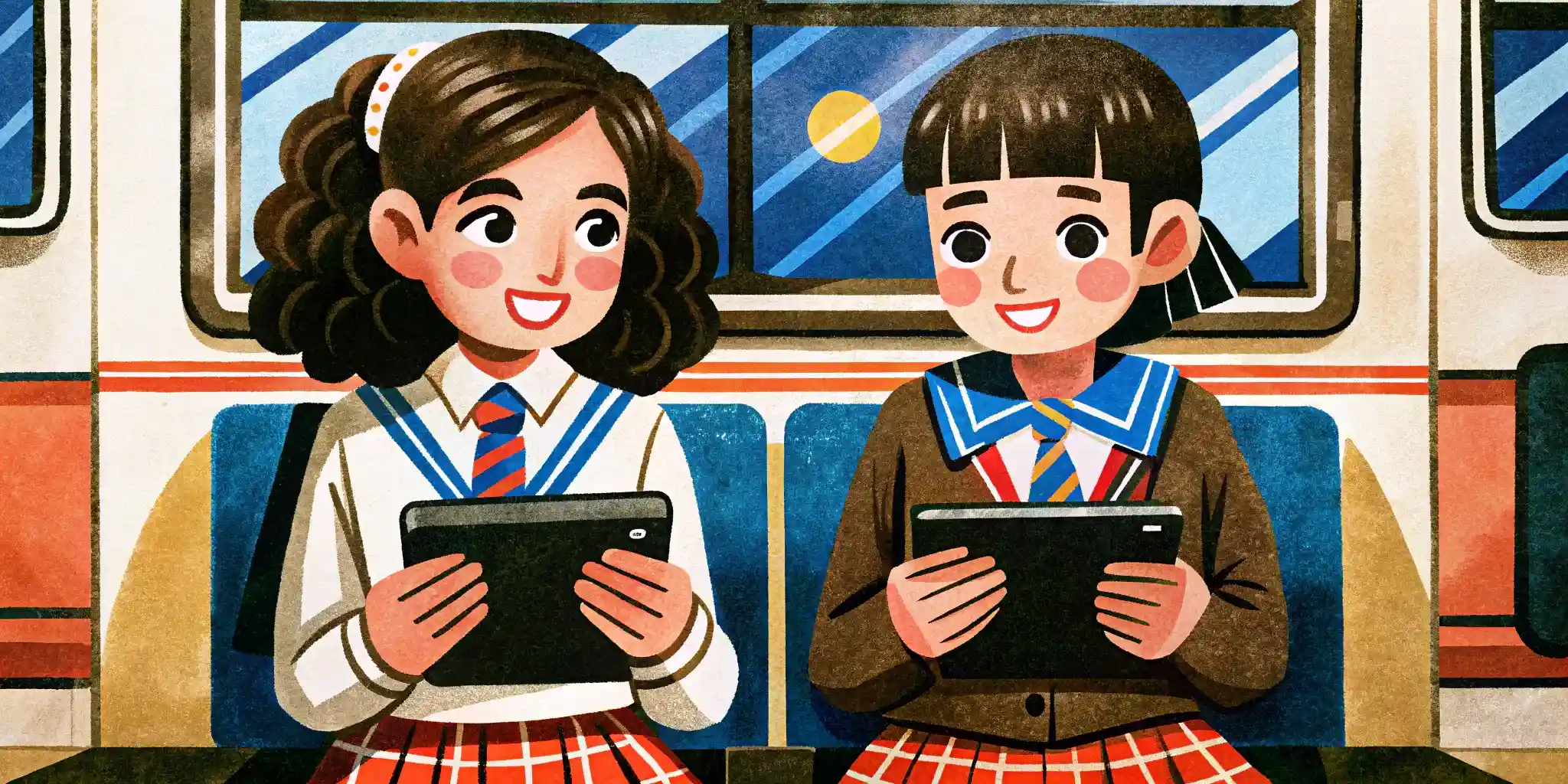 two schoolgirl girls take the subway and play on a tablet