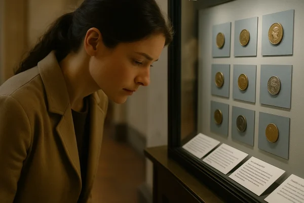 A woman stands in front of a glass display case with rare British coins, learning the minting stages.