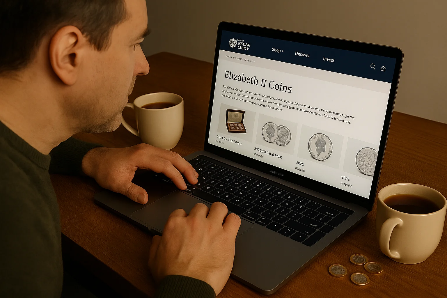 A man browses the Royal Mint website on his laptop, with a cup of tea and several modern pound coins placed on the wooden table.