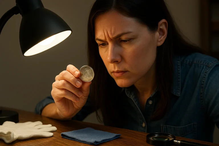 A collector studies a coin under angled light, noticing fine cleaning marks that reveal why artificial shine cannot raise a grade.