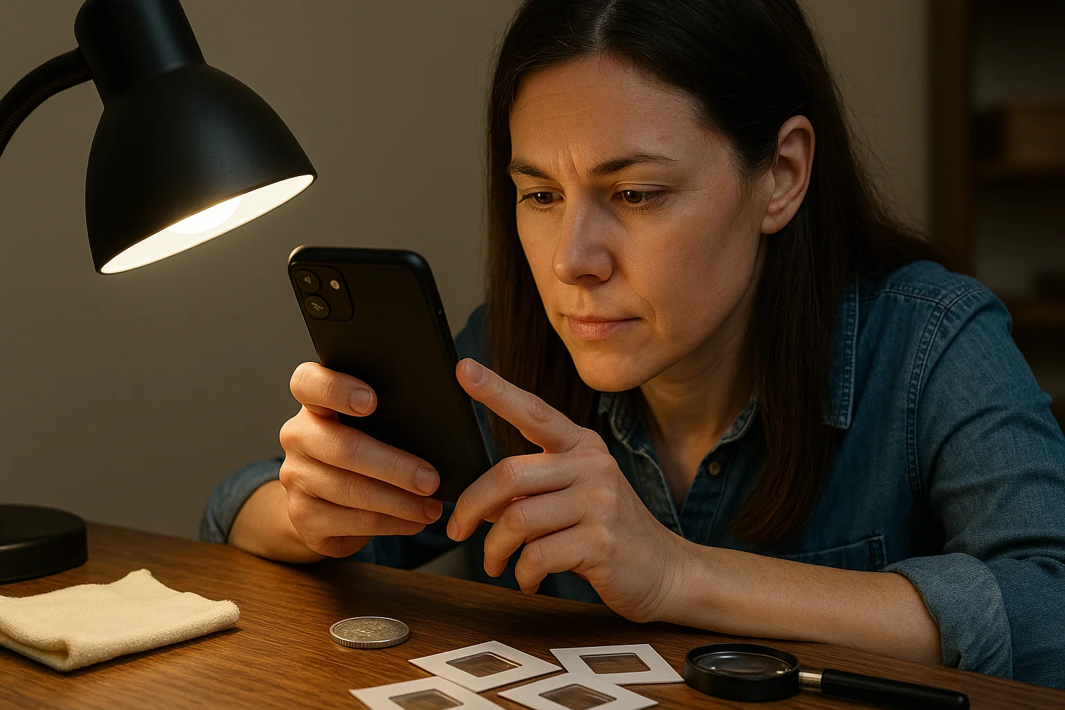 A collector calmly photographs a coin before grading, organizing flips and tools to keep the evaluation process accurate.